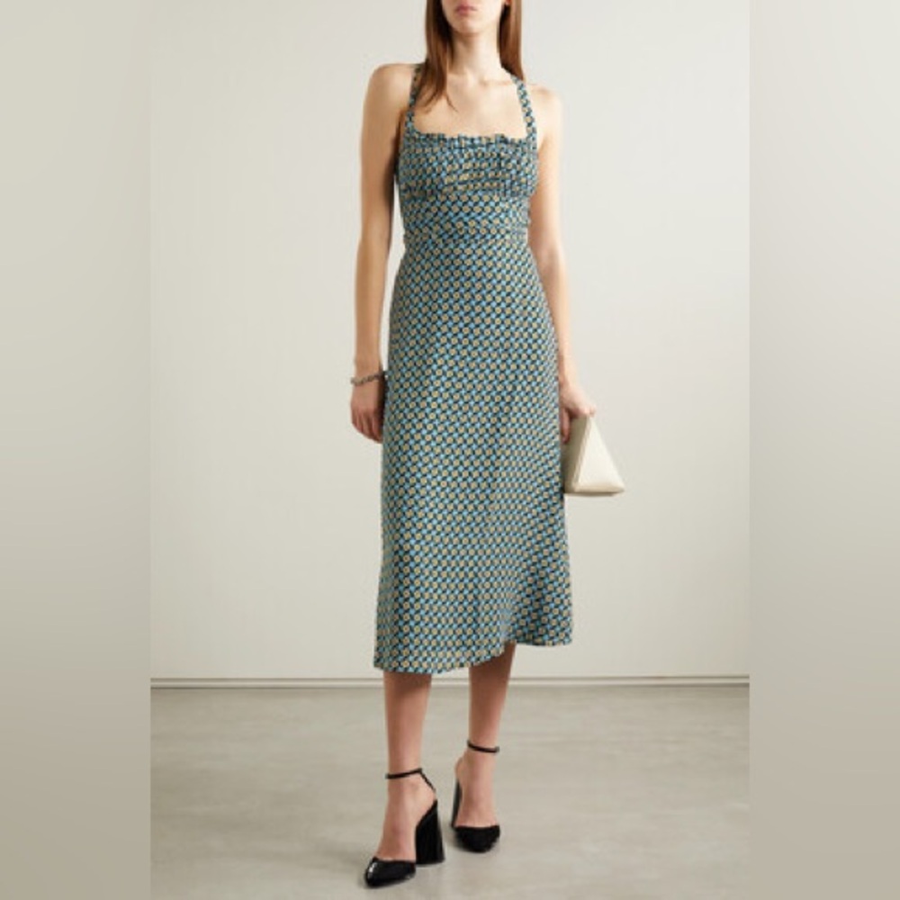 Reformation Callan Lace-Up Printed Crepe Midi Dress